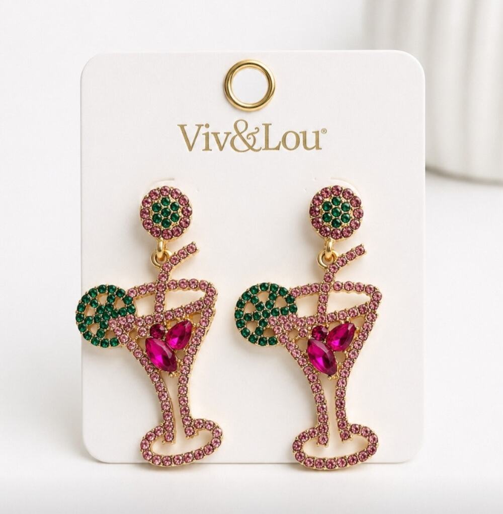 Viv & Lou Cosmo Drink Rhinestone Earrings New
